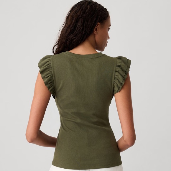 The color is Olive Night. Soft ribbed knit,short flutter sleeves, crewneck - Picture 2 of 3